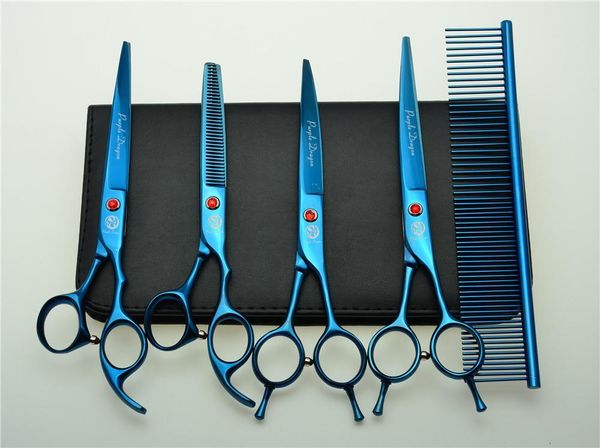 

hair scissors 5pcs set 7'' 19.5cm blue professional hairdressing comb + cutting shears thinning up/down curved z3002l