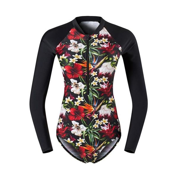 

one-piece suits women long-sleeved swimsuit printed front zipper