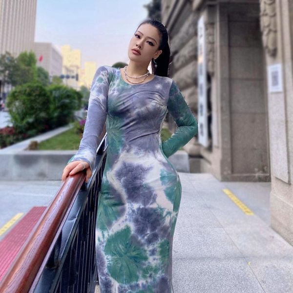 

casual dresses bodycon print long dress 2021 autumn winter women fashion o-neck long-sleeved dye maxi slim oversized, Black;gray
