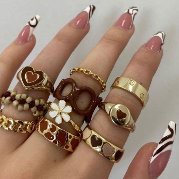 

2021 fashion bruin serie emaille hart ringen voor vrouwen, Slivery;golden
