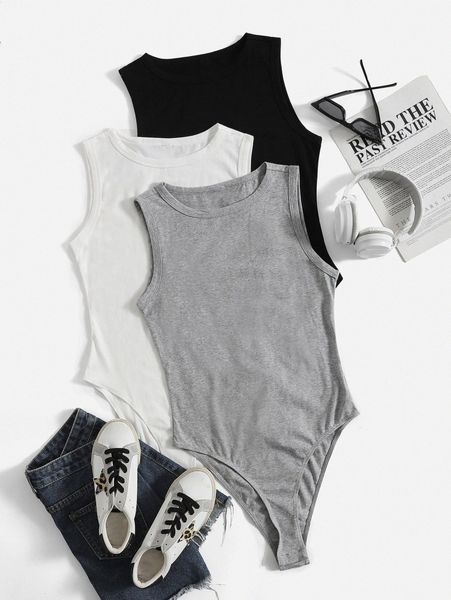 

plus 3pcs solid tank bodysuit h0hf#, Black