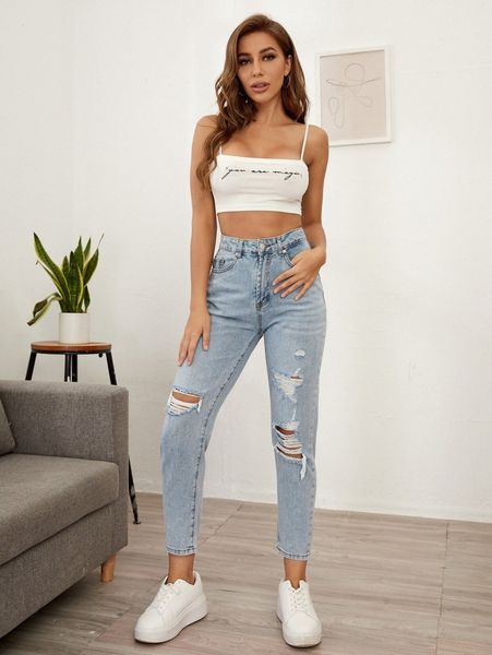 

high waist destroyed mom jeans x4by#, Blue