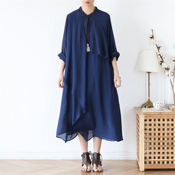

johnature women solid color dresses long sleeve spring loose original irregular casual women clothing button soft dress 210521, Black;gray
