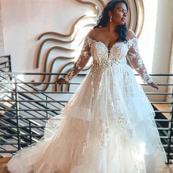 

off shoulder long sleeves lace a line wedding dresses bridal gowns plus szie sweep train appliqued tulle bride dress for women, White