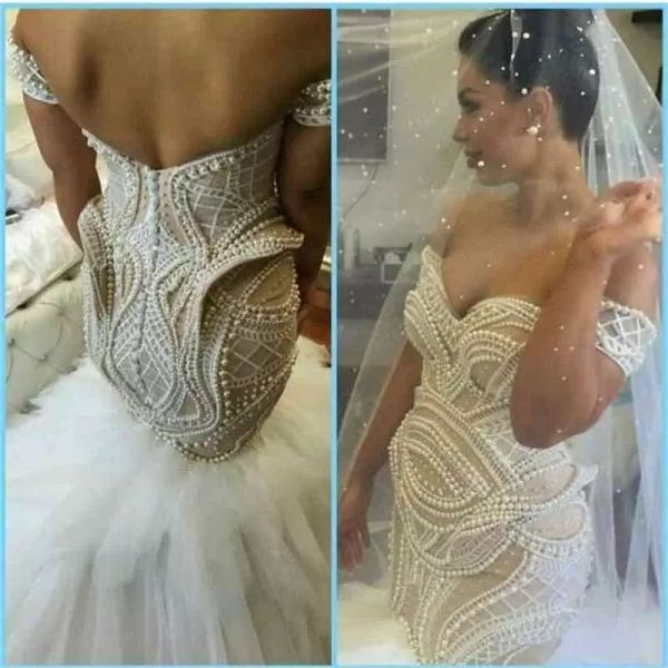 

luxury mermaid wedding dresses bridal gown beaded pearls off the shoulder satin tulle custom made dubai ruffles plus size vestido de novia c, White