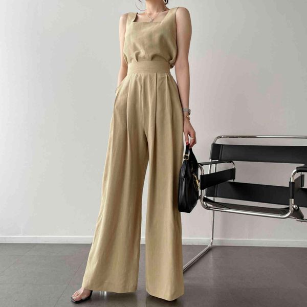 

women's two piece pants summer set solid square collar sleeveless tanks + wide legging woman casual streetwear sport suit fhss, White