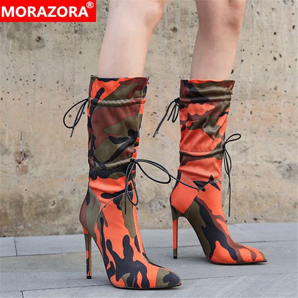 

morazora plus size 34-46 stiletto high heels boots women camouflage ankle boots shoes autumn night club boots female 210506, Black
