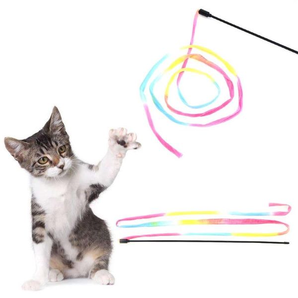 

cat toys pet rainbow cloth stripe tease cats rod teaser toy stick