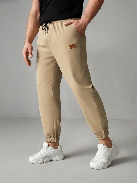 

extended sizes men letter patched detail drawstring waist pants 57o9#, Black