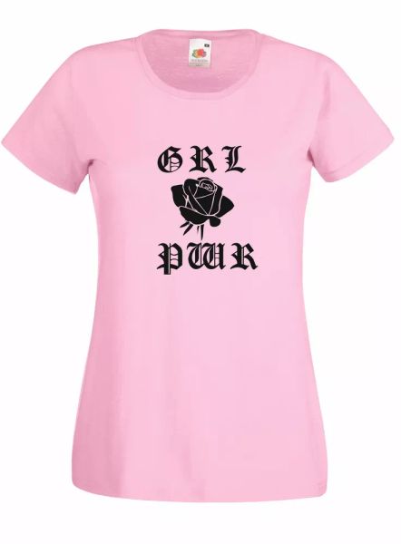 

t-shirt shirt women j2195 girl power with black rose, White;black