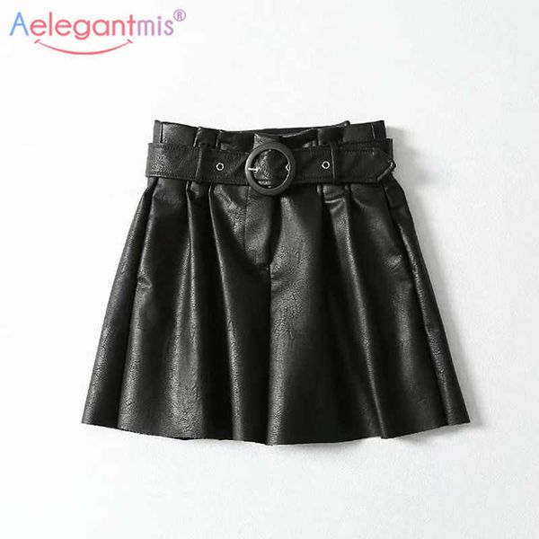 

aelegantmis spring casual leather skirt women harajuku sashes a-line pencil high waist feamle 210607, Black