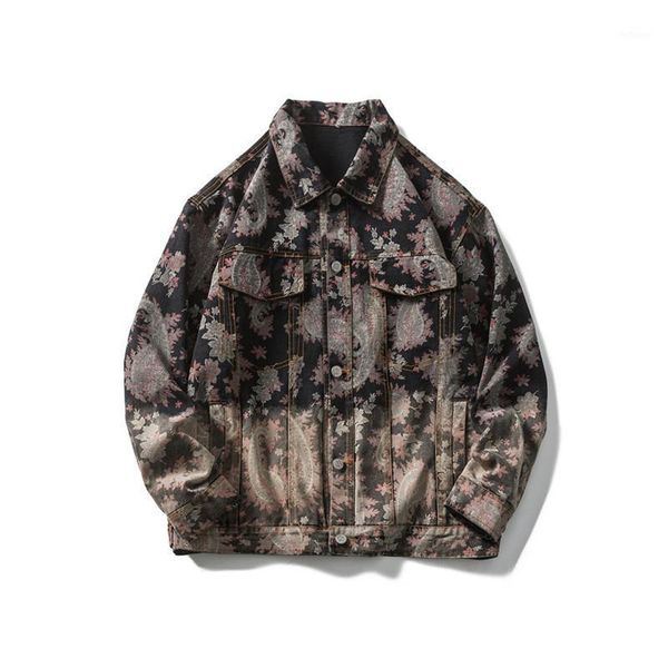 

men's jackets erenejian hi street floral hip hop jeans vintage flower printed harajuku block coat streetwear outerwear, Black;brown