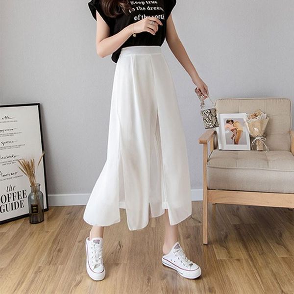 

women's pants & capris x 3 colors high waist summer cool chiffon fake two pieces wide leg nine points loose skirt, Black;white