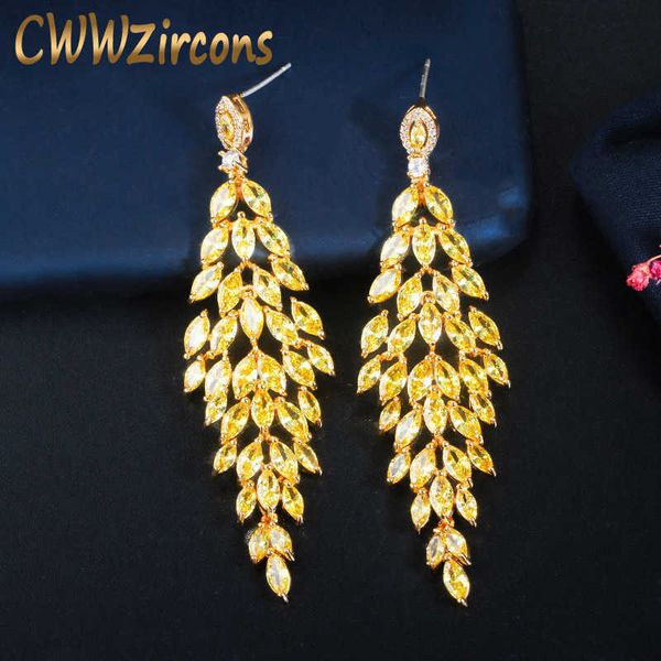 Elegante lucido giallo zircone cubico pietra lunga ciondola orecchini foglia goccia per le donne fidanzamento gioielli da sposa CZ748 210714