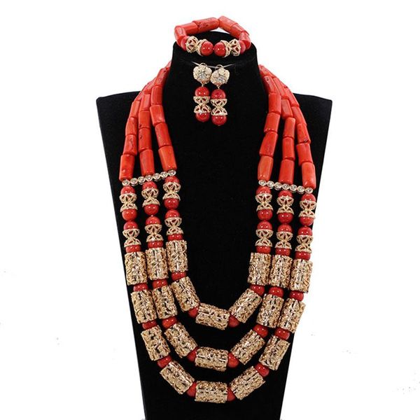 

earrings & necklace luxury wedding real coral beads nigerian jewelry set african traditional statement women gold cnr172, Silver