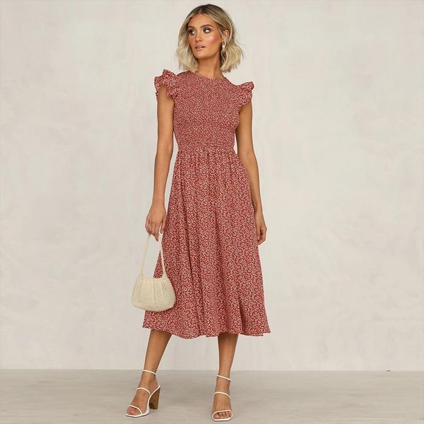 

ruffles fashion puff sleeve summer women dress mid length print, Black;gray