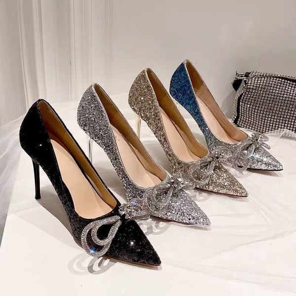 

luxury dress shoes sier high-heeled sho women's spring 2021 thin heel bow pointed sequin princs wedding sho, Black