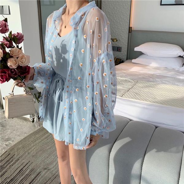 

summer korean three piece womens tracksuits sets linen shorts elastic waist belt wide leg pants suit set 3, Gray