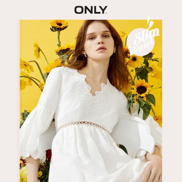 

ONLY2021 Summer New Lantern Sleeve Lace V-neck Dress l120217509, New cream