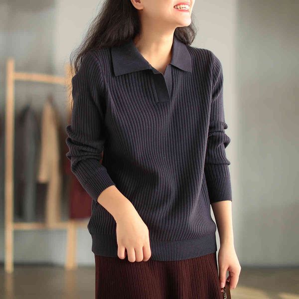 

johnature women pullover casual sweaters solid color autumn turn-down collar knitted cotton long sleeve female sweaters 210521, White;black