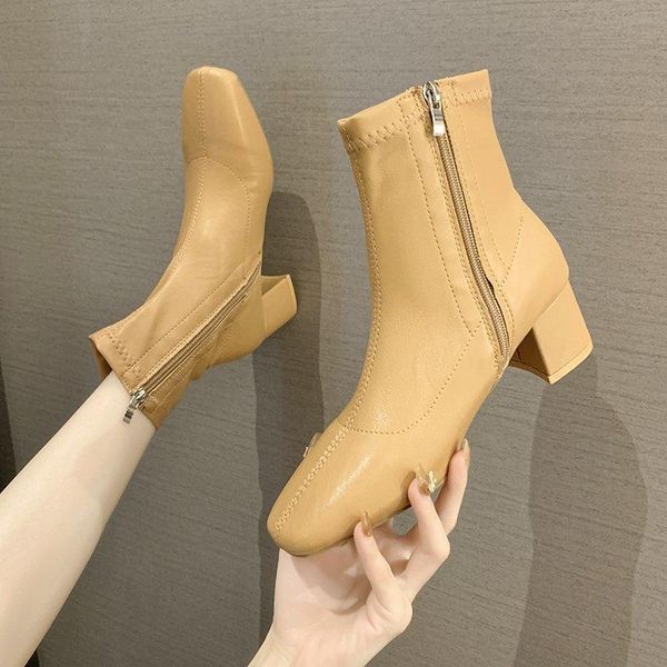

boots women ankle patent leather thick highs square toe chunky heels zipper lady autumn winter party shoes, Black