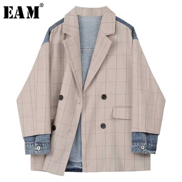 

[eam] women khaki plaid denim big size blazer lapel long sleeve loose fit jacket fashion spring autumn 1x214 211006, White;black