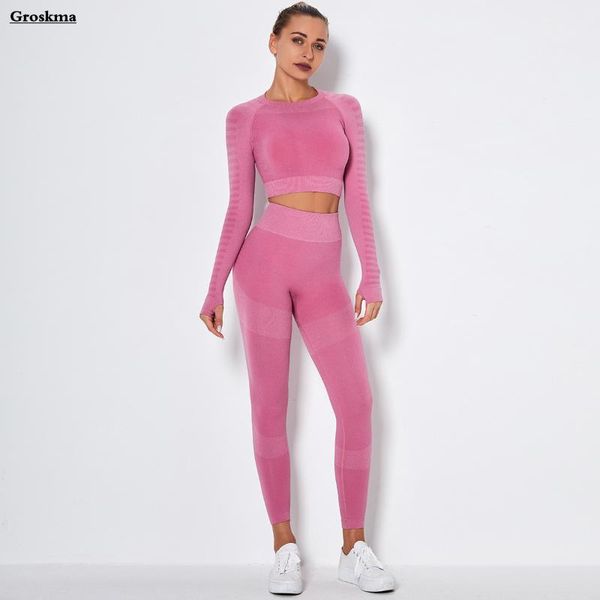 

seamless women yoga two piece set long sleeve crop high waist pants fitness gym suits running sportswear clothing outdoor outfit