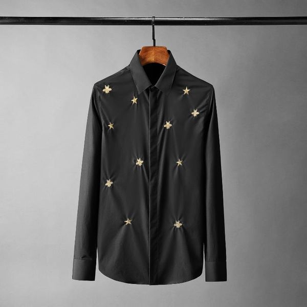 

gold bee embroidery mens shirts luxury long sleeve black white casual male plus size 4xl slim fit party man men's, White;black