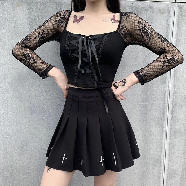 

vintage goth t-shirt lace black t-shirts women bodycon bandage gothic streetwear female casual mesh tee 2021 women's, White