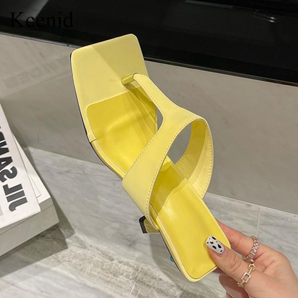 

kcenid 2021 women slippers summer outdoor sandal thin heel slip on t-strap flip flops casual slides yellow white black