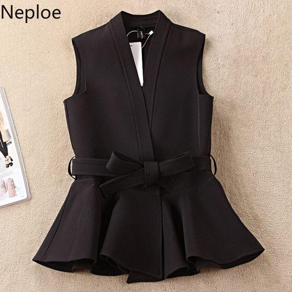 

neploe ruffles tank women korean v neck sleeveless office lady camis spring solid lace up slim fit female vest 1b502 210423, White