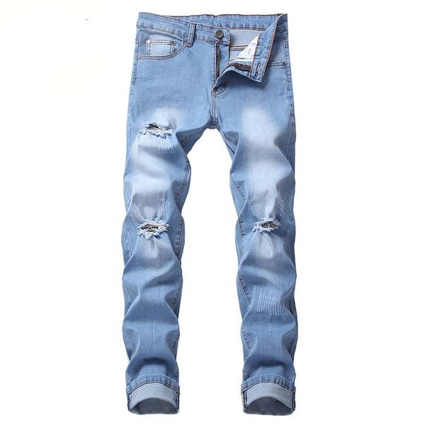 

men's ripped jeans cowboy destroyed light blue pants patchwork hollow