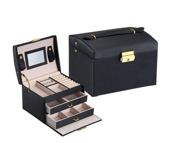 

storage boxes & bins pu leather jewelry box three-layer double drawer woman travel mirror makeup earrings ring necklace organizer
