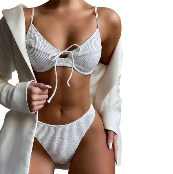 

women's swimwear women split swimsuit set solid color v-neck tie-up padded bikini + elastic waist panties for summer, White;black