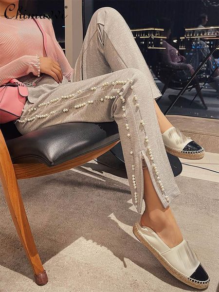 

women's pants & capris fashion pearl decorative slit black casual loose wide-leg 2021 autumn womens clothing slimming trousers, Black;white