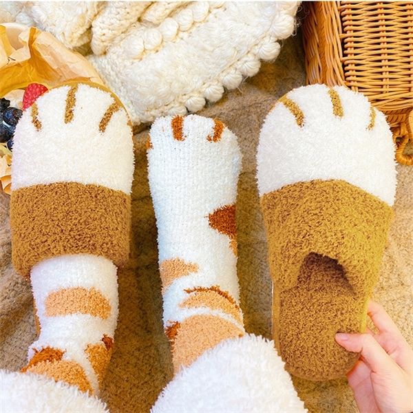 

[sock] super cute cat paw women fur slipers winter house bedroom keep warm plush shoes non-slip indoor women furry slippers y1120, Black