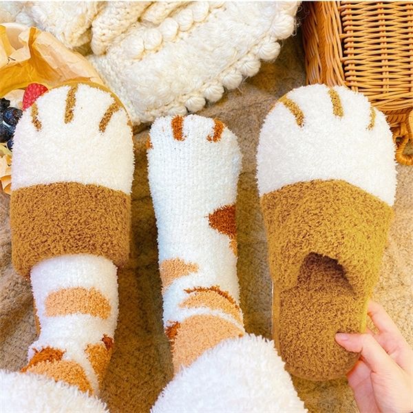 [Kostenlose Socke] Super süße Katze Pfote Frauen Pelz Slipper Winter Haus Schlafzimmer Warm Halten Plüsch Schuhe Non-slip Indoor frauen Pelzigen Hausschuhe Y1120