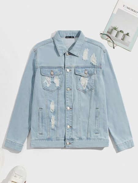 

men ripped flap pocket denim jacket y4xi#, Blue