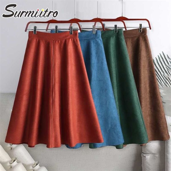

surmiitro fashion autumn winter suede velvet midi skirt women korean style red mid-length high waist a line female 211109, Black