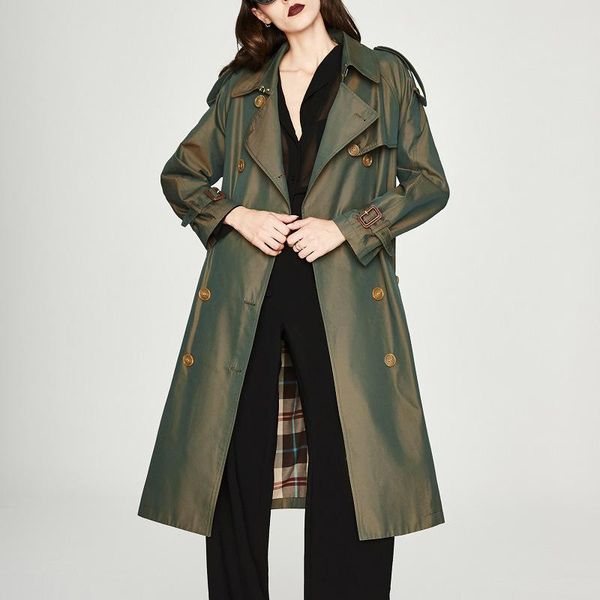 

women's trench coats 2021 winter fashion temperament light mature suit collar double breasted design slim mid-length windbreaker jacket, Tan;black