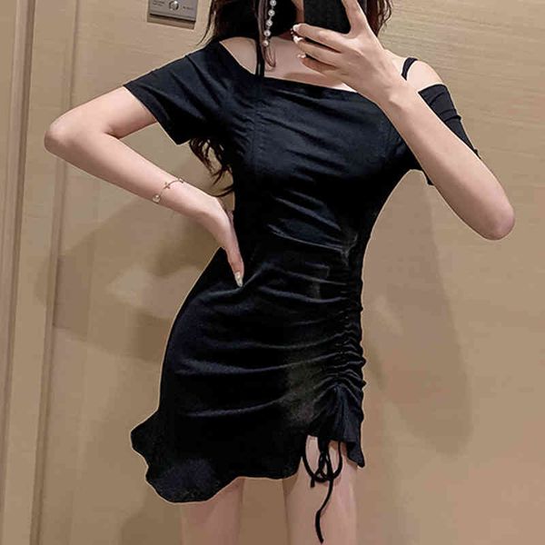 

suspenders off-shoulder dungaree women's dress slim black dress slash neck high-waisted bandage 830g 210420, Black;gray