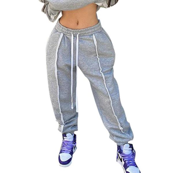 

women patchwork sport pants autumn adults high waist trousers with drawstring slant pocket women's & capris, Black;white
