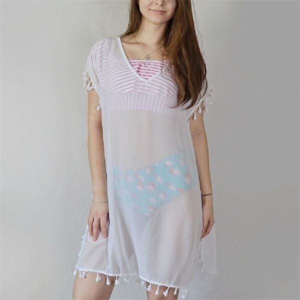 

women chiffon tassel summer beachwear bikini swimsuit cover up, White;black