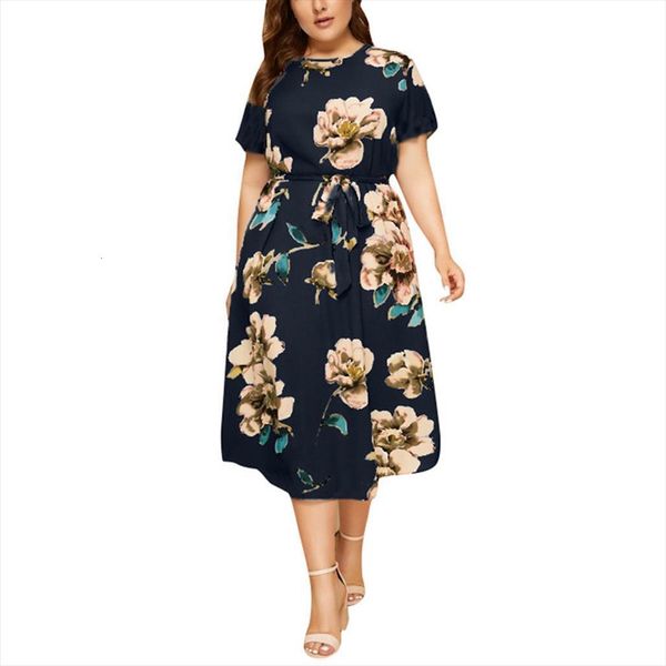 

plus size flower print women dress summer fashion boho casual o neck short sleeve waist strap vestidos, Black;gray