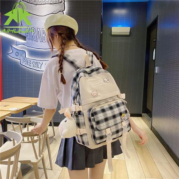 

school bags fashion solid color women's backpack checkered teenage girl student female casual canvas travel shoulder bag