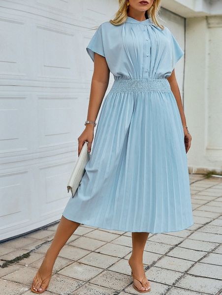 

simplee plus batwing sleeve shirred pleated dress 8413#, Black