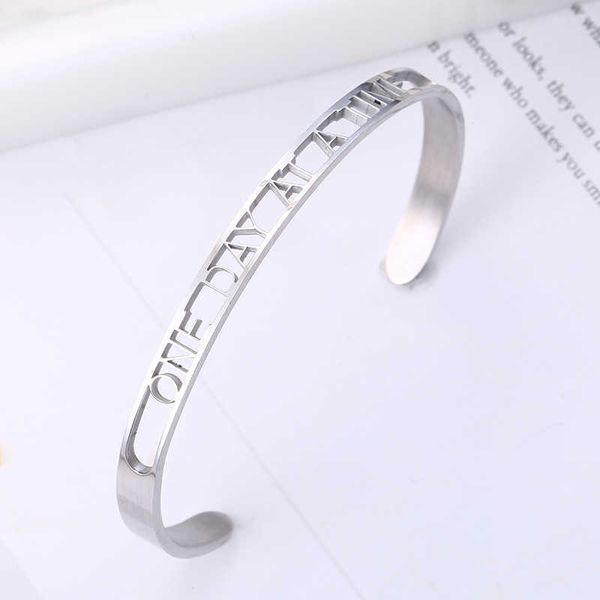 

fashion one day at a time inspirational bracelets mantra bracelets bangles stainless steel bangle gifts open cuff bracelet q0719, Black