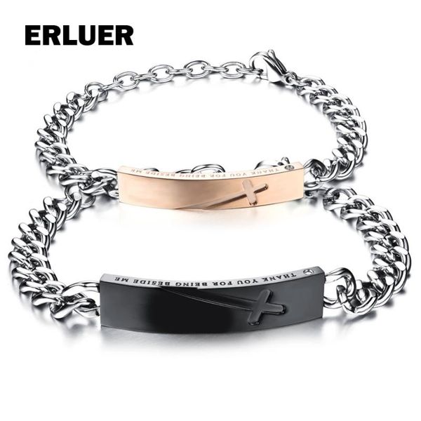 

link, chain erluer retro cross couple bracelets for women men stainless steel charm & bangles valentine's gifts lover, Black