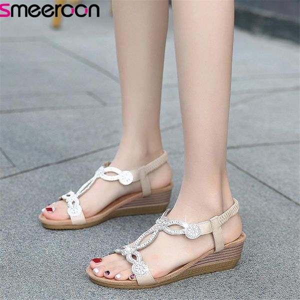 

smeeroon 2021 wholesale big size 42 wedges sandals women crystal slip on summer elegant party wedding shoes woman, Black