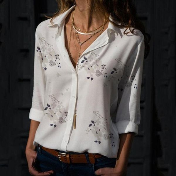 

women's t-shirt spring autumn style lapel women shirts fashion printing long sleeve v-neck elegant solid color office, White